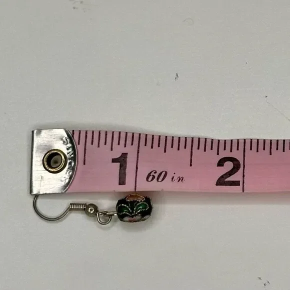 Vintage Cloisonné Enamel Bead Earrings Black Floral Drop Dangles Hand-Painted - Picture 8 of 11